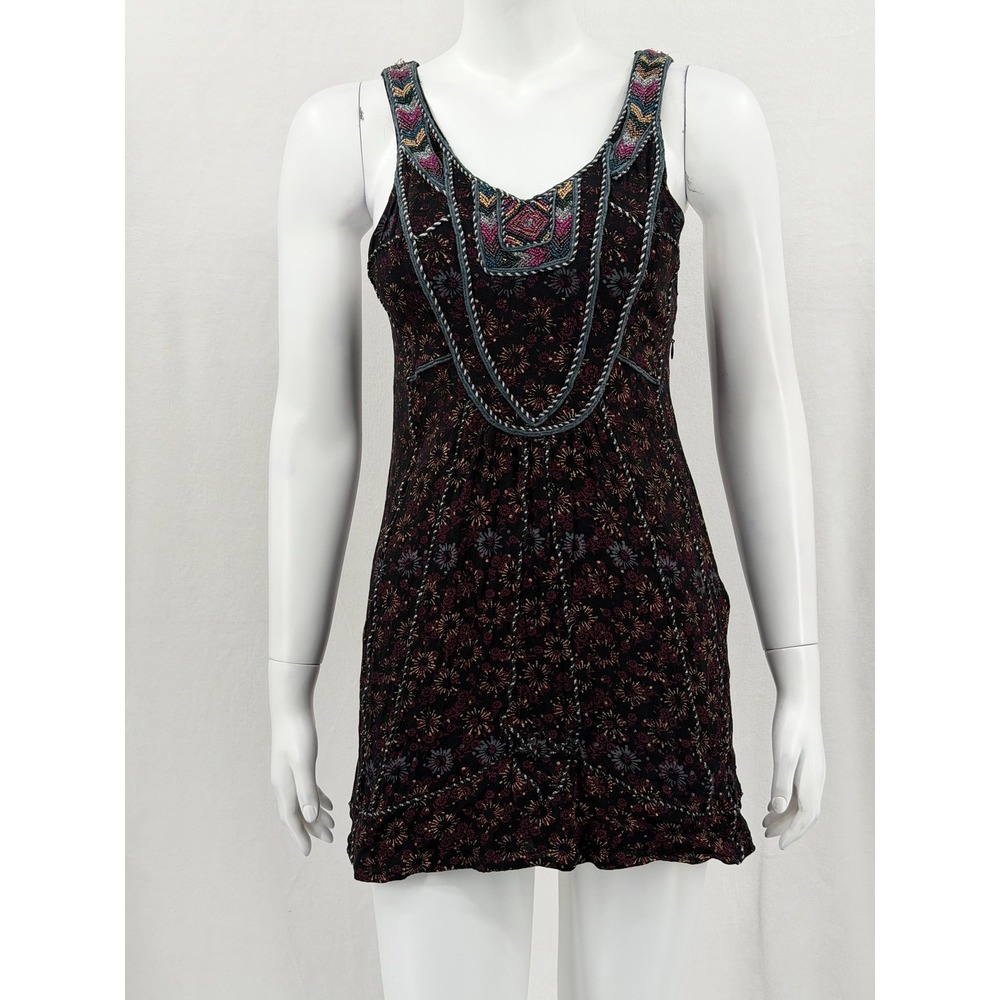 Free People Dress Womens 4 Black Silk‎ Beaded Boho Tunic Tank Embroidered V-Neck
